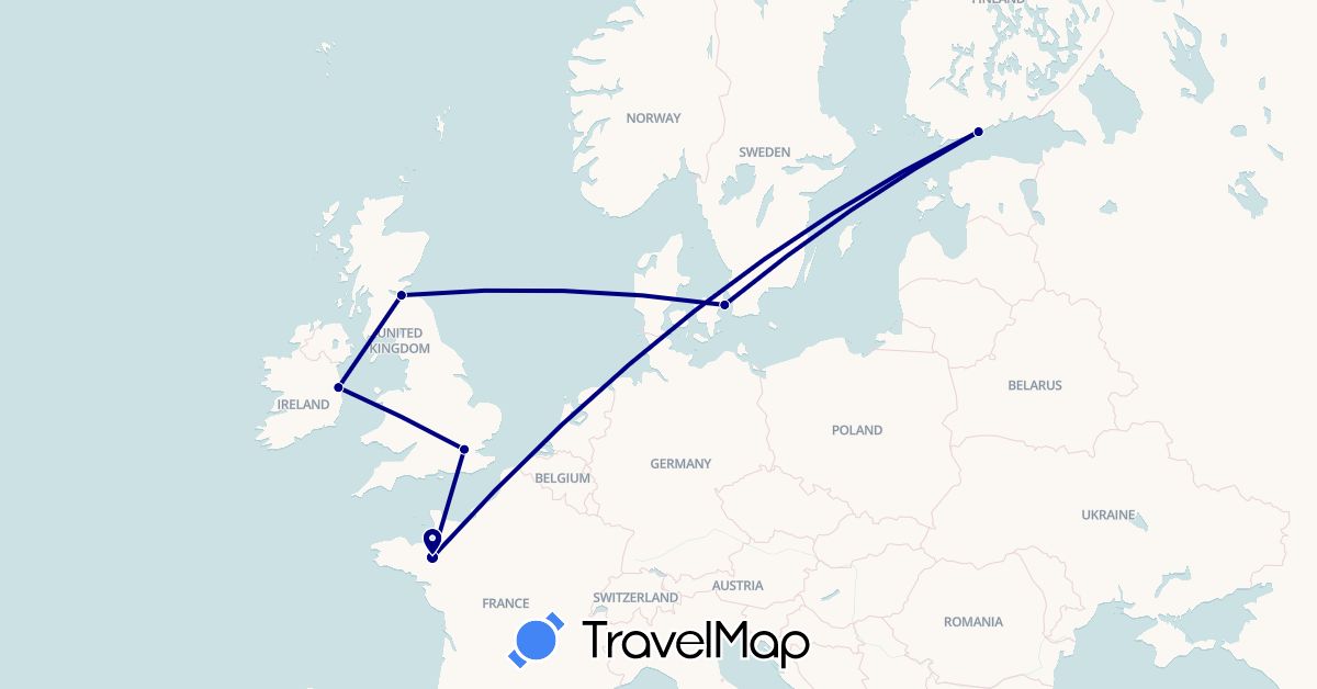 TravelMap itinerary: driving in Denmark, Finland, France, United Kingdom, Ireland (Europe)